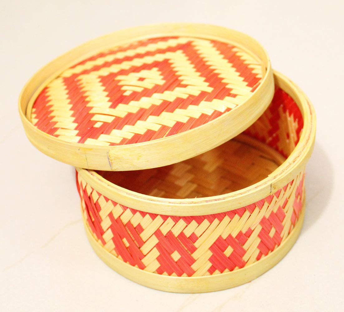 Small Bamboo Storage Box With Lid for Craft, Table Organizer, Jewelry, Red Eco-Friendly Natural Decorative Container
