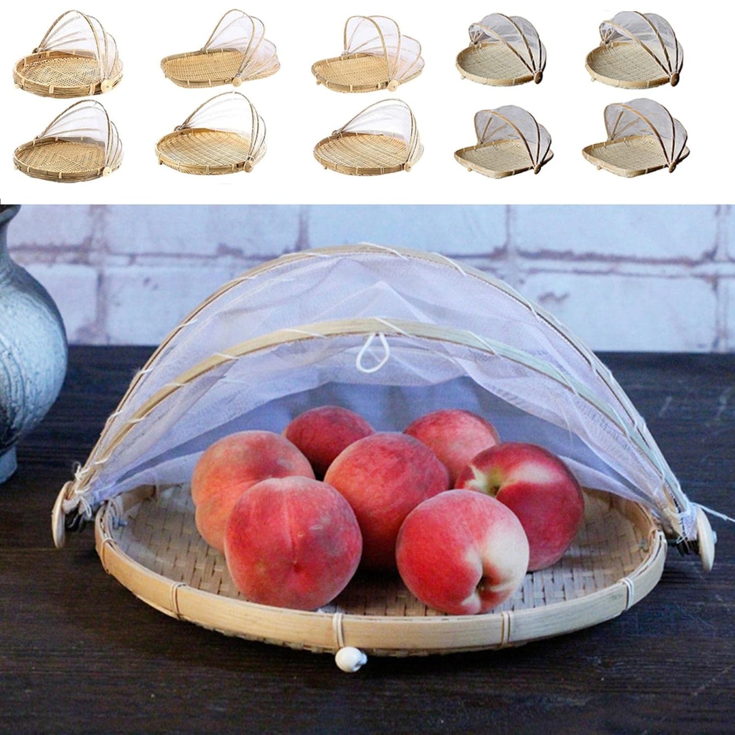 Bamboo Fruit Basket Fruit Vegetable Organizer with Pop Up Mesh Food Storage