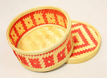 Small Bamboo Storage Box With Lid for Craft, Table Organizer, Jewelry, Red Eco-Friendly Natural Decorative Container